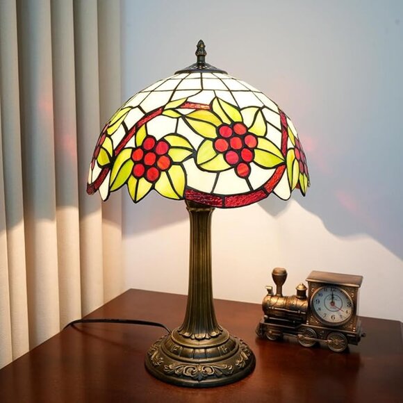 Tiffany Style Lamp Stained Glass Table Lamp 12" Green Leaves Red Grapes Art - Picture 1 of 7